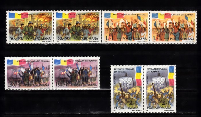 A11 TX9 15 - 1990 - Revolutia populara din Romania - perechi de doua timbre