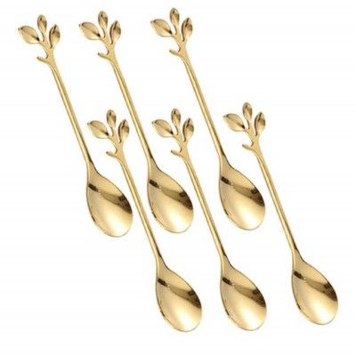 Set 6 lingurite Pufo Leaf pentru cafea, ceai, desert, otel, maner in forma de frunzulita, auriu, 13 cm foto