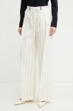 BOSS pantaloni din in femei, culoarea bej, lat, high waist, 50538216