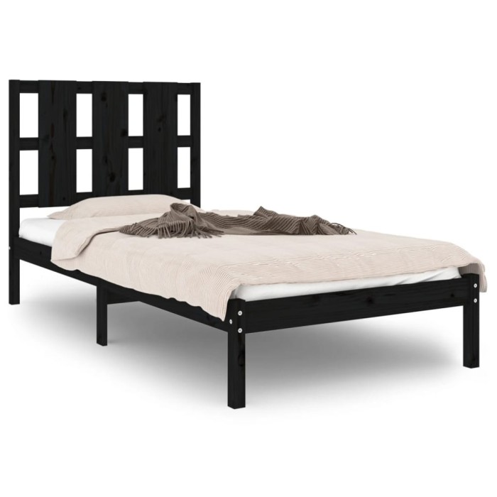 Cadru de pat mic single, negru, 75x190 cm, lemn masiv