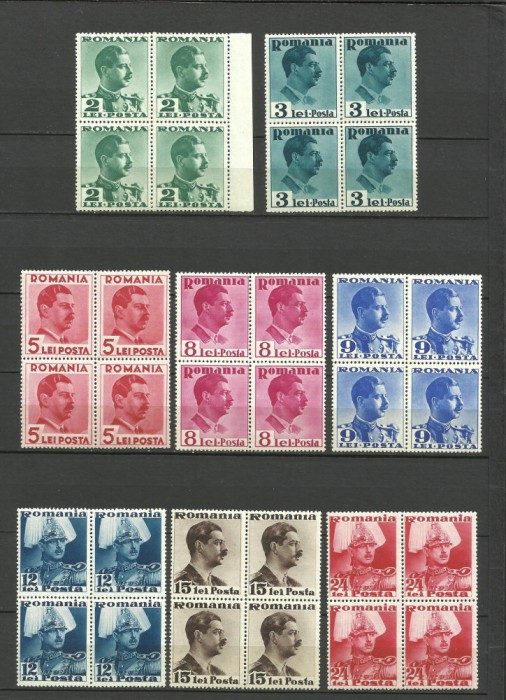 ROMANIA 1940 LP 140 CAROL II CULORI SCHIMBATE BLOCURI DE 4 TIMBRE MNH