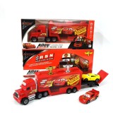 Cumpara ieftin Set Din Metal Rezistent, Camion Transportor Mack cu Rampa, 2 Masinute Fulger Mcqueen si 2 Trofee, Pentru Copii, Remorca cu Compartiment de Depozitare,