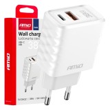Incarcator retea AMiO Quick Charge GaN 38W cu USB-A si USB-C, Power Delivery, 2 porturi, 100-240V, design compact si usor