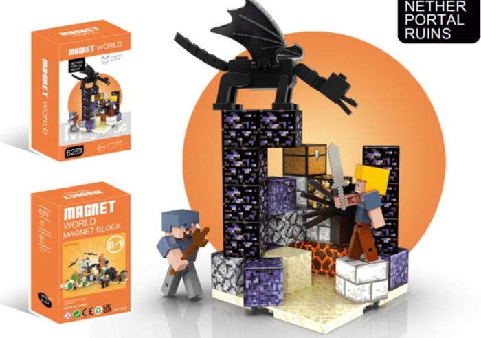 Set Cuburi Constructie Magnetica - Ruinele Portalului Nether inspirat din Universul Minecraft