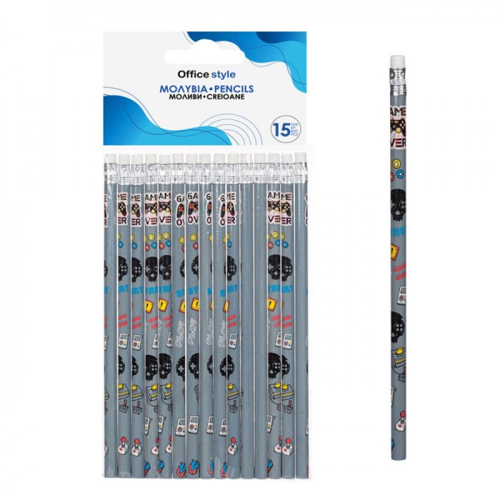 Creioane Set 15 Bucăți, Gri, Cu Radieră, Model Gaming