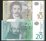 SERBIA SET / LOT ( 2 buc ) 10 + 20 DINARI / DINARA 2013 , P-54b + P - 55b , UNC , necirculate