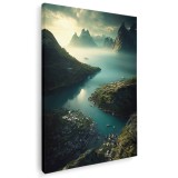 Tablou canvas peisaj munte cu fluviu, verde, negru, albastru 1081 Tablou canvas pe panza CU RAMA 20x30 cm