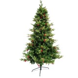 Brad de craciun artificial, decorat cu conuri pin rosii, inaltime 210 cm, suport metalic inclus, verde, Oem