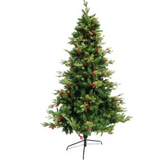 Brad de craciun artificial, decorat cu conuri pin rosii, inaltime 210 cm, suport metalic inclus, verde