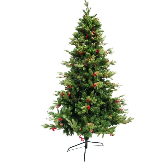 Brad de craciun artificial, decorat cu conuri pin rosii, inaltime 210 cm, suport metalic inclus, verde