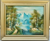 Tablou Peisaj Montan de Vară, Pictura &icirc;n ulei pe p&acirc;nză, inramat ramă lemn 26x31cm