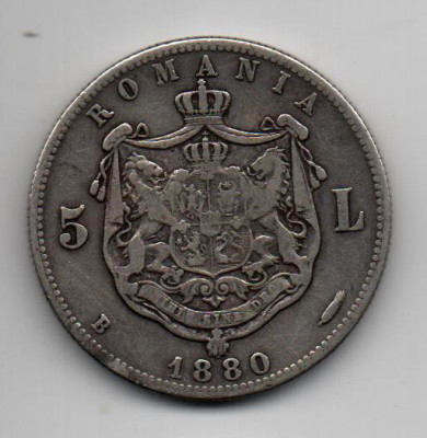 Monedă 5 lei, ARGINT (25 grame) Romania, 1880 foto