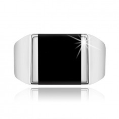 Inel din argint 925, brațe cu aspect de oglindă, pătrat cu smalț negru - Marime inel: 64