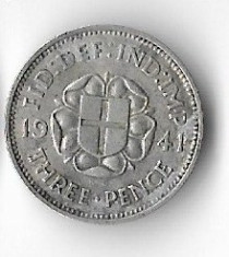Moneda 3 pence 1941 - Marea Britanie, 1,41 g argint 0,500 foto