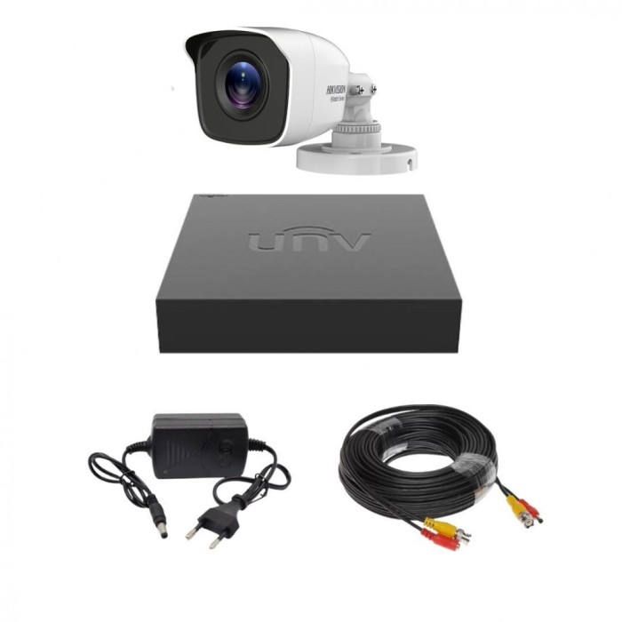 Kit supraveghere 1 camera 4 in 1 Hikvision HiWatch 2MP Infrarosu 20 metri IP66, DVR Hibrid Uniview cu 4 canale 2MP, Cablu, Sursa alimentare SafetyGuar