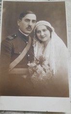 Fotografie tip carte postala, miltar cu sotia, la nunta, 1932