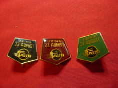 3 Insigne Intreprinderea 23 August- Faur , h= 2cm ,metal si email - culori dif. foto