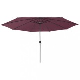 Umbrelă de soare grădină cu LED vidaXL, 400cm, roșu bordo, poliester, mecanism manivelă
