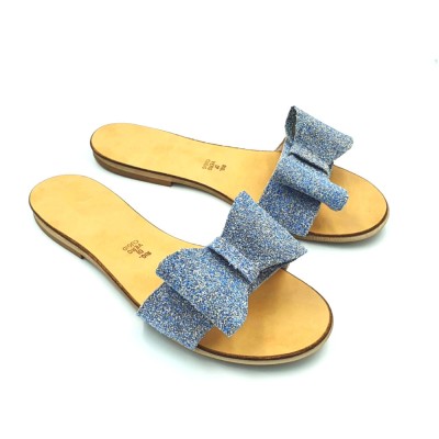 Papuci de dama din piele cu funda dubla Blue Glitter foto