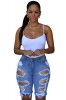 Pantaloni Scurti Dama Bermuda Destroyed Albastri Talie Medie cu Buzunare Bumbac Elastan