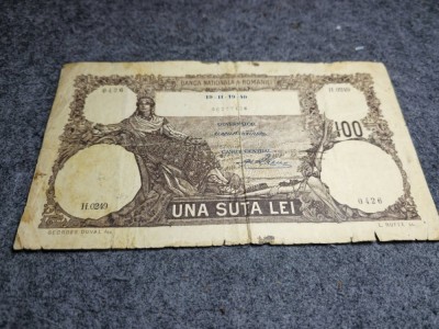 100 lei 1940, seria H.0249 0426, stare slabă, rară foto