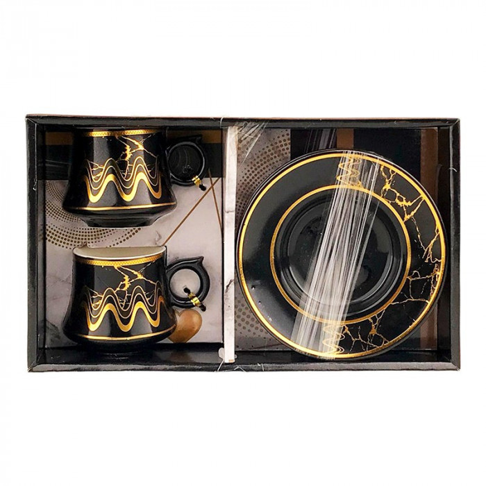 Set 2 cesti cu farfurie cu imprimeu valuri aurii, Negru/Auriu, 1775H