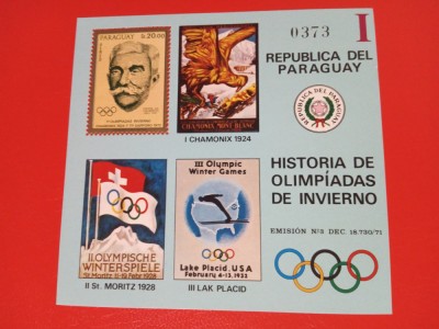 PARAGUAY, ISTORIA JOCURILOR OLIMPICE - COLIȚĂ MNH foto