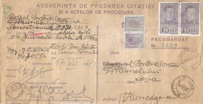 |Romania, adeverinta de predare a citatiei, recomandat, 1943 foto