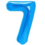 Balon din folie metalizata, flippy, figurina cifra, tema aniversare 80 cm, ambalaj individual, pai inclus, umflare cu aer sau heliu, albastru, cifra 7
