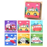 Puzzle din Lemn, Flippy, 9 Cuburi, 6 Fete, 4-6 Ani, 11 x 11 x 3.2 cm, Model Masini, Multicolor