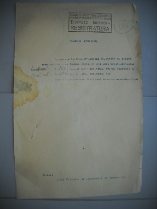 HOPCT DOCUMENT VECHI 386 MINISTERUL INDUSTRIEI COMERT EXTERIOR /BUCURESTI 1936