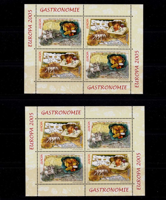 RO 2005 LP 1683 c &quot;Europa 2005- Gastronomie &quot; ,colita 355 tip I+II (150 lei),MNH