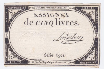 Bancnota asignat Franta 5 Livre 1793 - PA76 aUNC foto