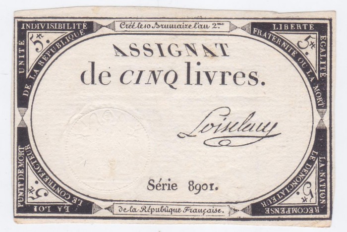 Bancnota asignat Franta 5 Livre 1793 - PA76 aUNC