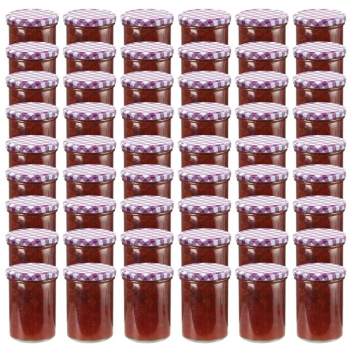 Borcane sticlă pentru gem capace alb &amp; violet 48 buc. 400 ml