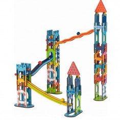 Set de constructie rollercoaster Castelul cavalerilor Goki, 7.4 x 10.5 cm, 79 piese, lemn, 3 ani+