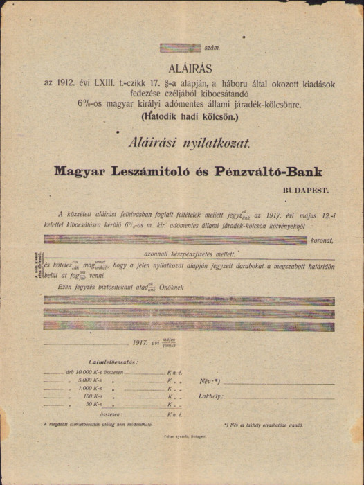 HST A1374 Formular subscriere 1912 Hatodik hadi kolcson