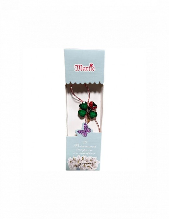 Martisor tip brosa cu model trifoi verde si buburuza pentru 1 si 8 martie