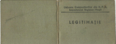 AMS# - LEGITIMATIE UNIUNEA COMPOZITORILOR DIN R.P.R. 1959, INSPECTOR RAIONAL foto