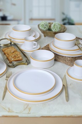 Keramika Set de vesela - Mat White/Gold Stackable - 20 bucăți - 4 - Stoneware foto