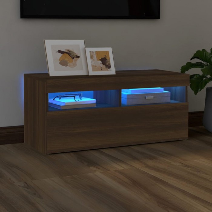 Gossi comoda tv cu lumini led, stejar maro, 90x35x40 cm