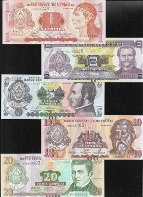 Set Honduras 1 + 2 + 5 + 10 + 20 lempiras aunc/unc foto