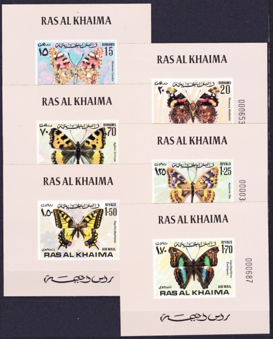 DB1 Ras al Khaima Fauna Fluturi 6 x SS de Lux MNH