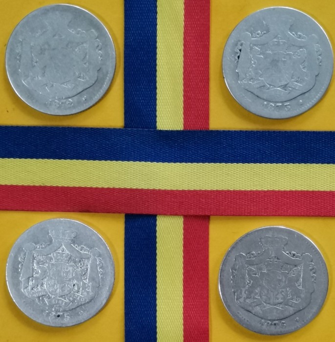 SV * Romania Lot 4 monede x 2 LEI 1872 - 1873 - 1875 - 1876 * ARGINT * Regele Carol I