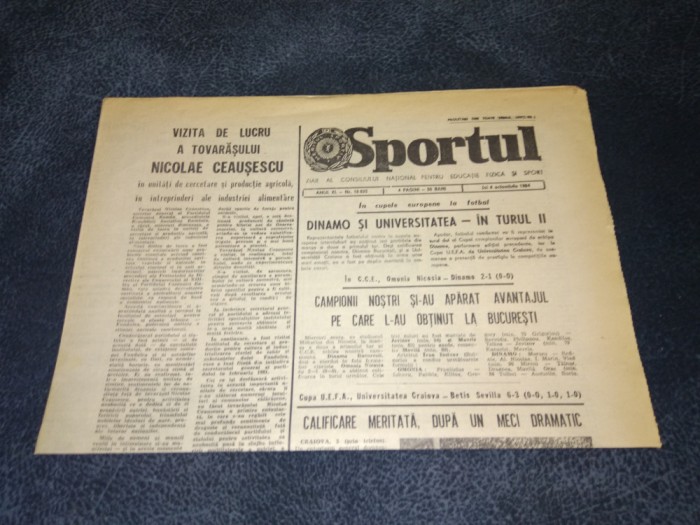 ZIARUL SPORTUL 4 OCTOMBRIE 1984 CUPE EUROPENE