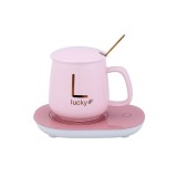 Cana de cafea din ceramica, cu suport incalzitor, incarcare USB, cu buton pentru controlul temperaturii, cu lingurita inclusa, roz