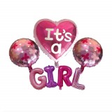 Set 4 baloane aniversare Pufo It&#039;s a Girl, roz- decor ideal pentru petrecerea de botez sau baby shower