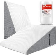 Perna Suport cu Plan Inclinat din Spuma cu Memorie, Linomag&reg;, pentru Dormit, Antireflux, Sforait, Apnee, Recuperare, Relaxare, Citit, Lavabila, Alb/Gr