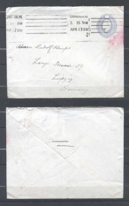 Great Britain - Rare EMBOSSED Cover London to Leipzig Germany D.1107