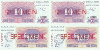 2x 1992 ( 1 VII ) , 10 dinara ( P-10s ) - Bosnia și Herțegovina - stare UNC foto